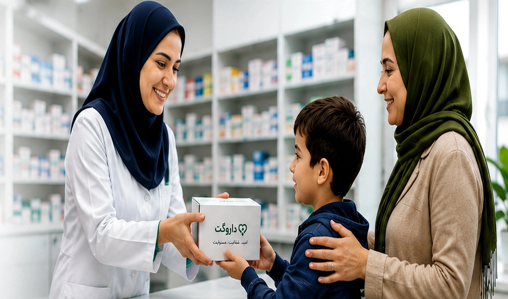 داروساز در حال تحویل دارو به کودک در حضور مادر